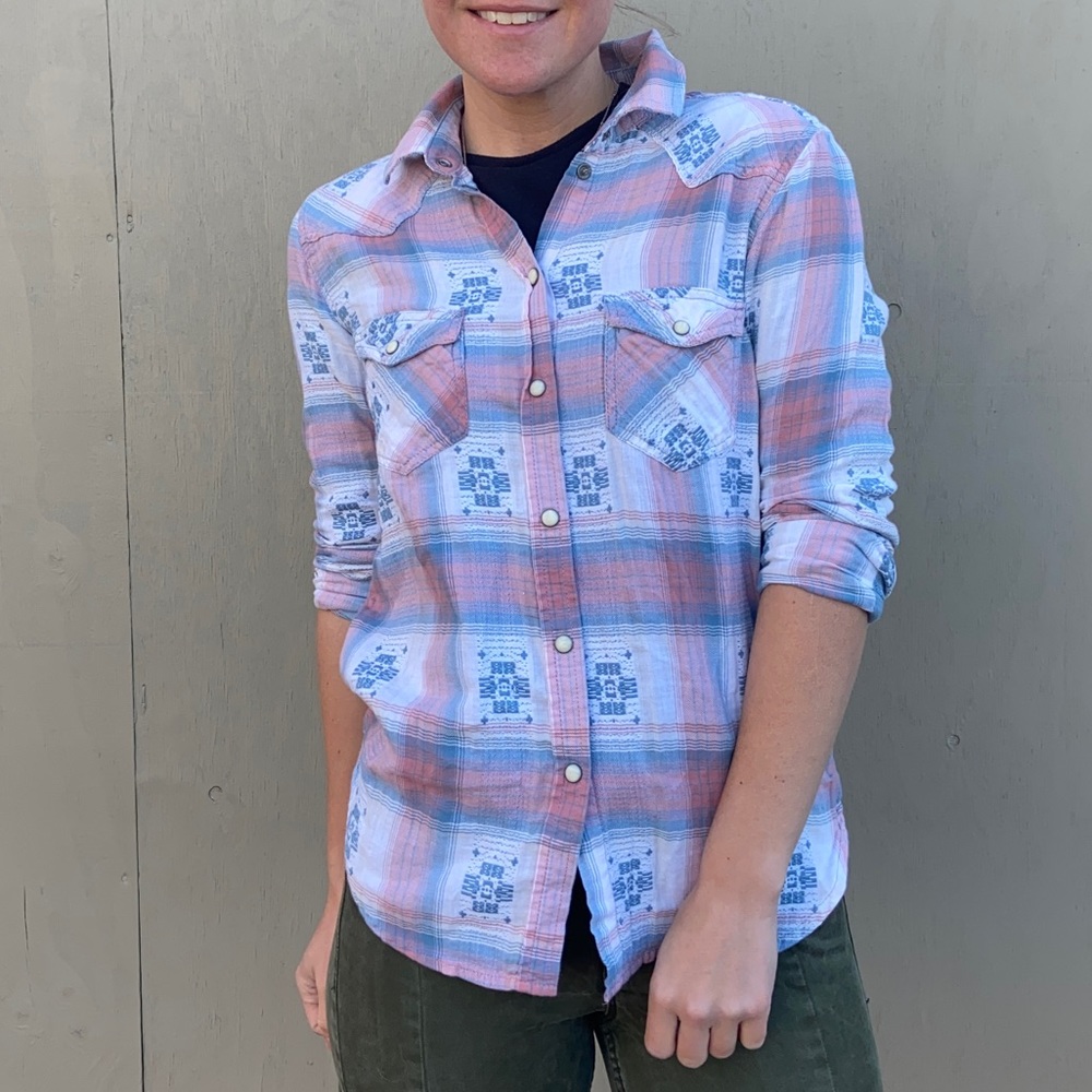 Vintage Boyfriend Western Pastel Plaid Button Down